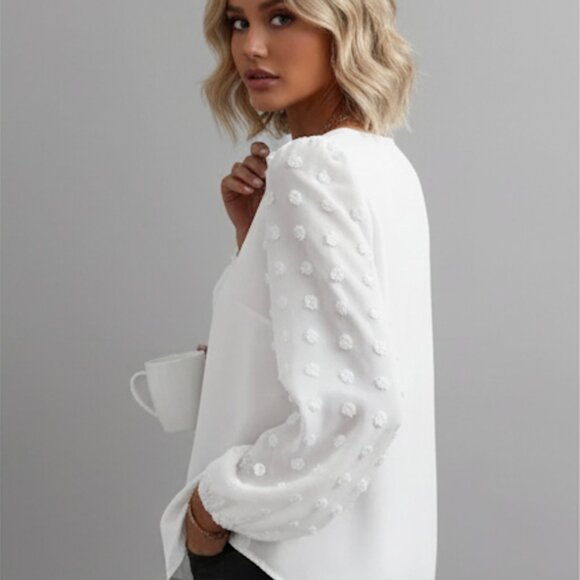 White Chiffon Swiss Dot Lantern Sleeve V-Neck Shirt - Picture 3 of 8